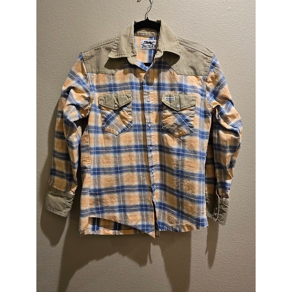 Vintage 80s/90s JAGUAR Men's Tan, Orange and Blue Plaid Button-Down Shirt Sz S